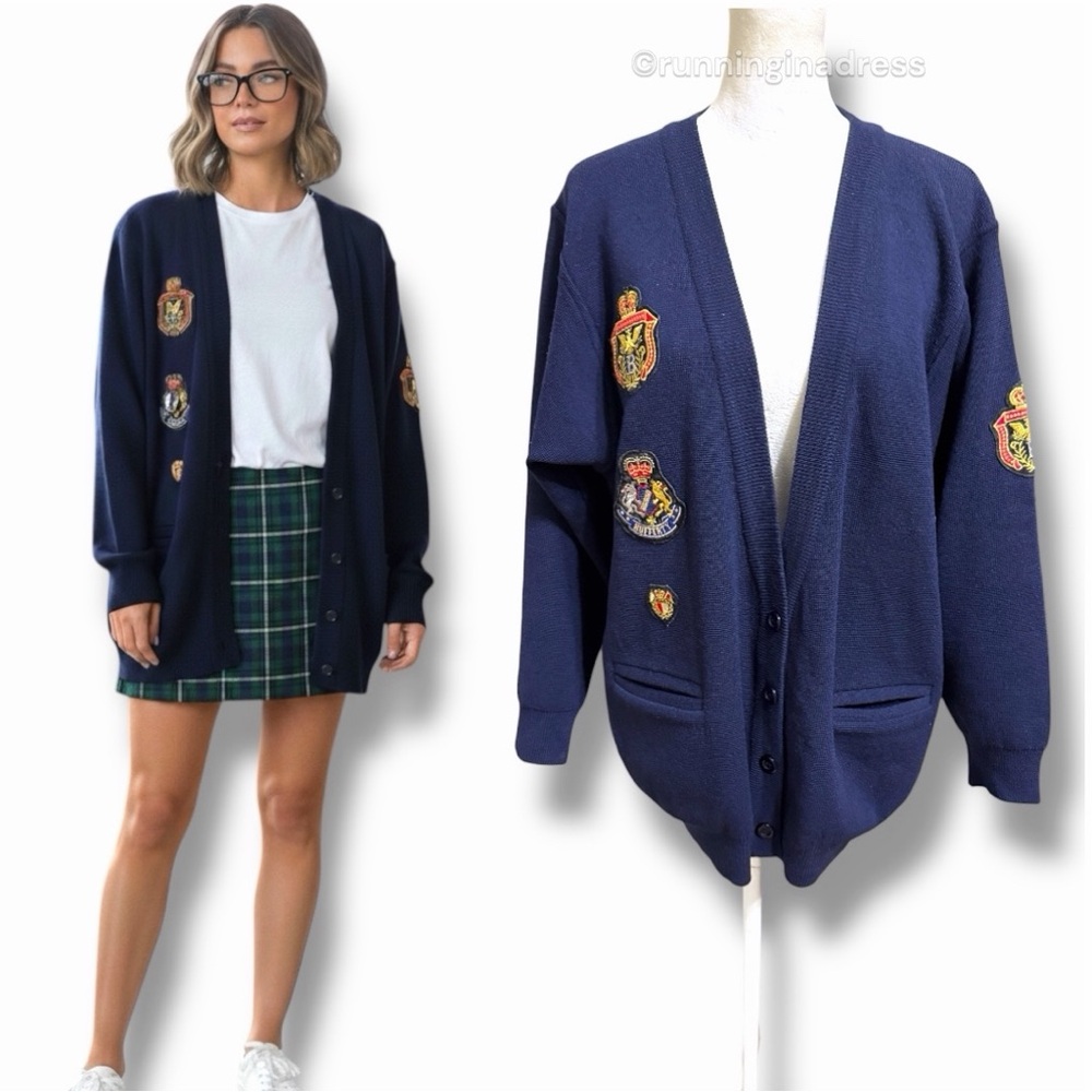 Vintage John Bull Oversized Navy Blue Academia Crests Patch V-Neck Cardigan
